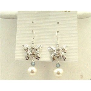 ERC435 Silver Butterfly Earrings w/ White Swarovski Pearls Black Diamond Crystals Earrings