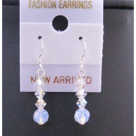 ERC416 White Opal Round Crystals w/ Ab Swarovski Crystals Sterling Silver Hook Earrings