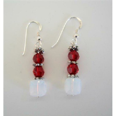 ERC256 White Opal Crystals And Siam Red Swarovski Crystals Sterling Silver 92.5 Chandelier Earrings