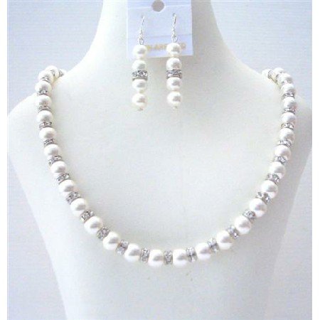 BRD472 Birdal White Pearls Jewelry Swarovski White Pearls Necklace Earrings w/ Diamond Sparkling