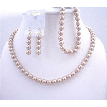 BRD570 Bridal Bridemaids Handcrafted Swarovski Champagne Pearls Necklace Earrings Bracelet