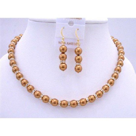 BRD683 Bridal Copper Pearls Jewelry Set w/ Gold Rondells Sparkling Diamond Spacer