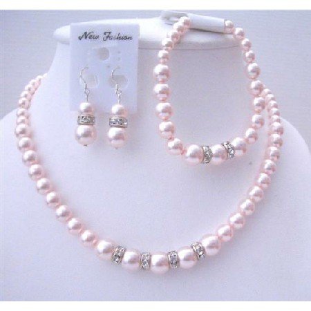 BRD558 Delicate Bridal Wedding Jewelry Soothing Lite Pink Pearls Complete Set