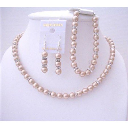 BRD538 Bridal Bridemaides Champagne Pearls Jewelry Sets w/ Simulated Diamond Sparkling Spacer
