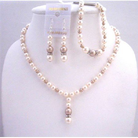 BRD569 Swarovski Ivory And Champagne Pearls Jewelry Sets w/ Bracelet Diamond