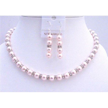 BRD696 Handmade Bridal Custom Pink Pearls Jewelry Set w/ Silver Rondells Sparkling Diamond