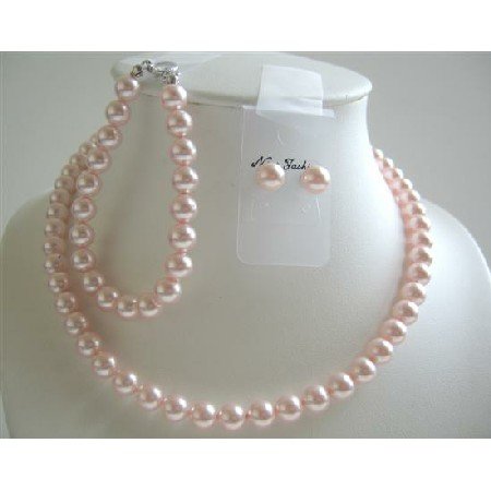 BRD591 Lite Pink Pearls Handcrated Complete Set Bridemaids Jewelry Swarovski Pink Pearls