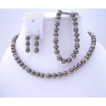 BRD501 Necklace Earrings Bracelet Brown Espresso Pearls Bridemaides Jewelry