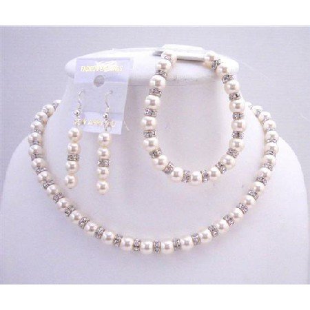 BRD557 Ivory Pearls Birdal Jewelry Genuine Swarovski Ivory Pearls w/ Sparkles Silver Rondells