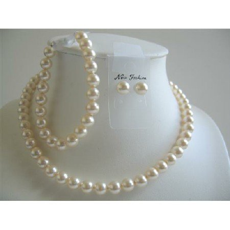 BRD599 Ivory Pearls 8mm Neckalce Earrings Bracelet Complete Set Bridal Swarovski Pearls Jewelry
