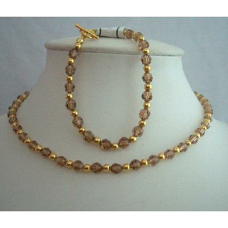 BRD306 Genuine Crystals Smoked Topaz & 22k Gold Plated Beads Necklace & Bracelet