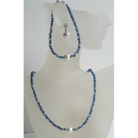 NSC427 Handcrafted Swarovski Crystals Jewelry Dark AB Sapphire Crystals w/ Pearls Stud Set