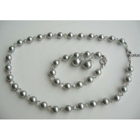 NSC377 Genuine Pearls & Clear Crystals Jewelry Necklace Earrings Bracelet Complete Set