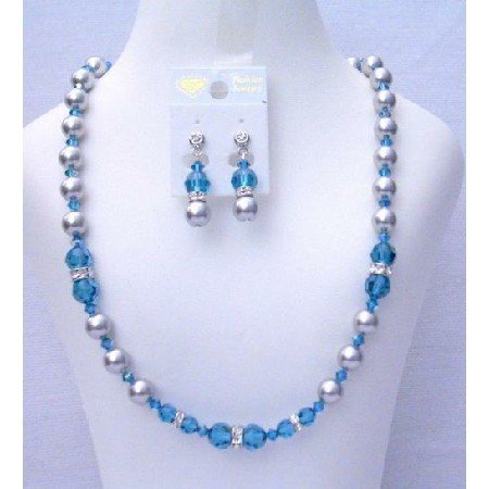 NSC392 Genuine Crystals & Pearls Jewelry Swarovski Indicolite Crystals & Grey Pearls Necklace Set