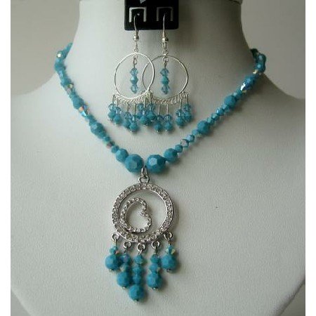 NSC327 Fine Jewelry Genuine Swarovski Crystals AB Turaquoise Handcrafted Necklace Set