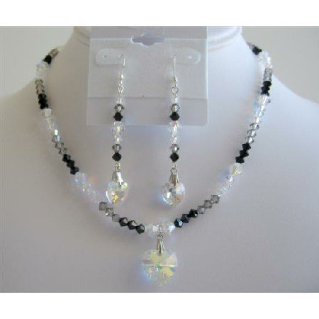 NSC594 Sexy Seduction TriColor Jet AB & Black Diamond Crystals Heart Necklace