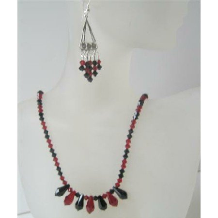 NSC468 Handcrafted Swarovski Tear Drop Jet & Siam Red Crystals Necklace Earrings Set
