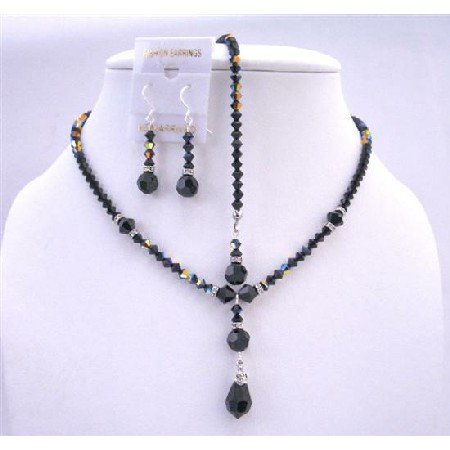 NSC603 Crystals Back Drop Necklace Set Jet & AB Jet Swarovski Crystals w/ Silver Spacer Necklace Set