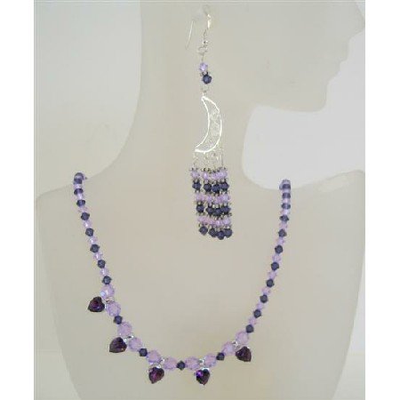 NSC440 Swarovski Crystals Voilet And Purple Genuine Crystals w/ Bali Silver Heart Pendant Necklace
