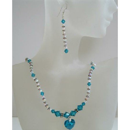 NSC435 Swarovski Crystal Blue Zircon & AB 2X w/ Blue Zircon Heart Pendant Jewelry Set