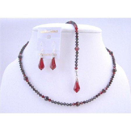 NSC604 Back Drop Down Necklace In Swarovski Siam Red Garnet Crystals Back Drop Down Necklace Set
