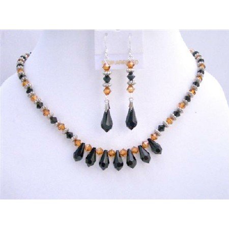 NSC599 Copper And Jet Black Swarovski Crystals 5mm Jewelry Set w/ Bali Silver Spacer