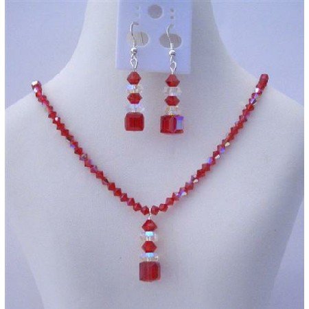 NSC458 Swarovski AB Siam Red Crystal w/ Drop AB Crystals Spacer Necklace Set