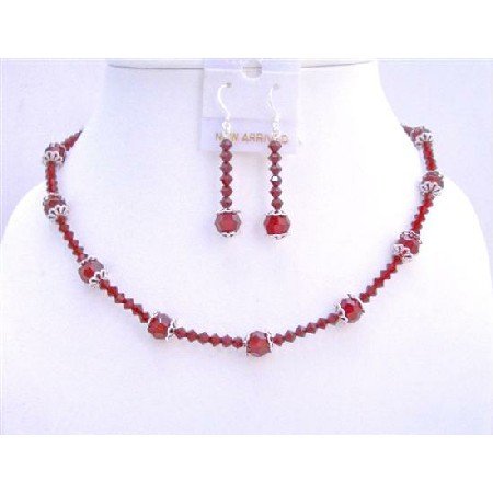 NSC598 Custom Your Jewelry In Swarovski Red Crystals w/ Bali Cap Beads Necklace Set
