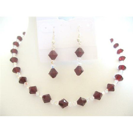 BRD488 Garnet Crystals Swarovski Garnet & Clear Crystals Bridal Bridemaides Jewelry Set