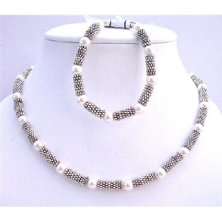 BRD686 White Pearls Bridal Necklace & Bracelet w/ Bali Silver Accented In Necklace & Bracelet