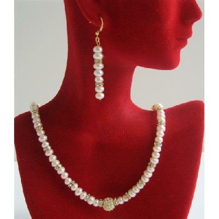 BRD628 Fine Quality Freshwater Pearls Potato Beads Necklace Set w/ Gold Rondells