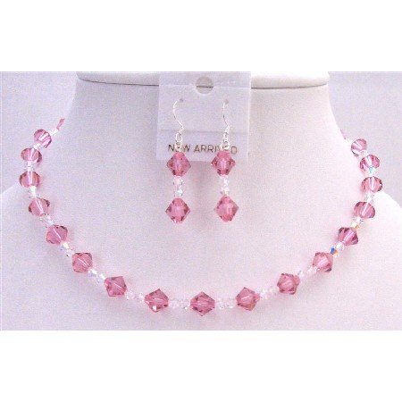 BRD759 Rose Swarovski Crystals Jewelry Set w/ Clear Crystals Bridemaids Bridal Jewelry Set