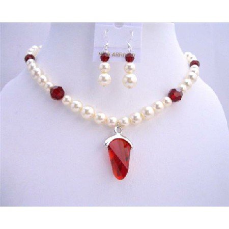 BRD669 Cream Pearls Siam Red Crystals w/ Siam Red Crystals Pendant Wedding Bridal Jewelry Se