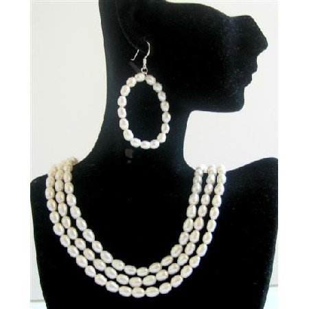 BRD584 Rice Freshwater Pearls 3 Stranded Necklace Set Bridal Bridemaids Wedding Jewelry Set