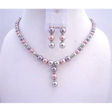 BRD656 Tri Color Bridal Jewelry Champagne Rose And Grey Pearls w/ Silver Rondells