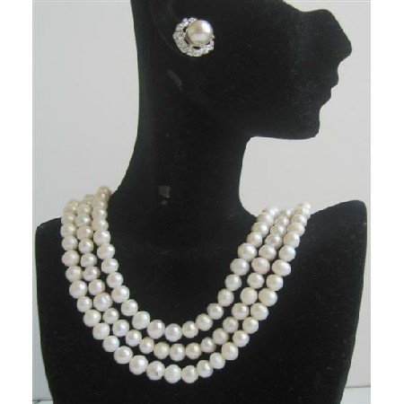 BRD585 Potato Shaped Freswater Pearls 3 Stranded Necklace Set Bridal Wedding Jewelry Set