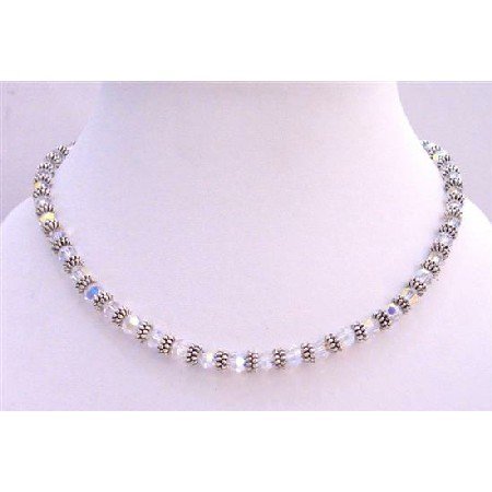 BRD688 Bridal AB Swarovski Crystals Necklace w/ Bali Silver Spacer