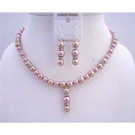 BRD666 Two Shaded Pearls Swarovski Pearls Bridal Jewelry Champagne And Rose w/ Silver Rondells