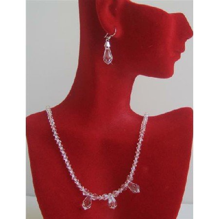 BRD616 Swarovski Clear Crystals w/ 3 AB Teardrop Crystals Bridal Bridemaids Necklace Set