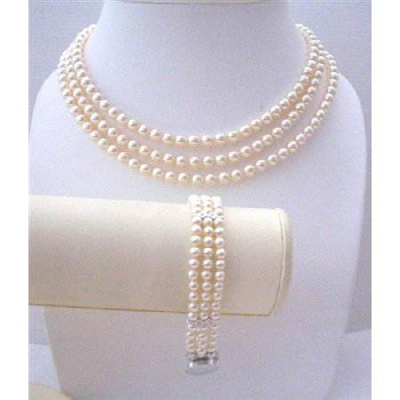 BRD572 Ivory Pearls THREE Stranded Necklace & Bracelet Beautifully Handcrafted