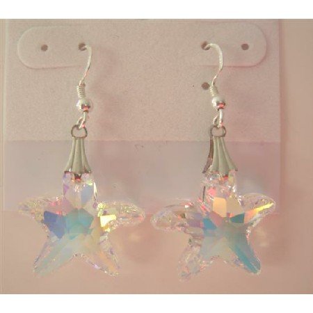 ERC292 Swarovski AB Crystals Starfish 22mm Earrings Sterling Silver AB Starfish Earrings