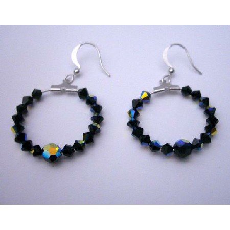 ERC191 Jet Black Swarovski AB Jet and Jet Crystals Hoop Earrings Genuine Swarovsk Crystals Earrings