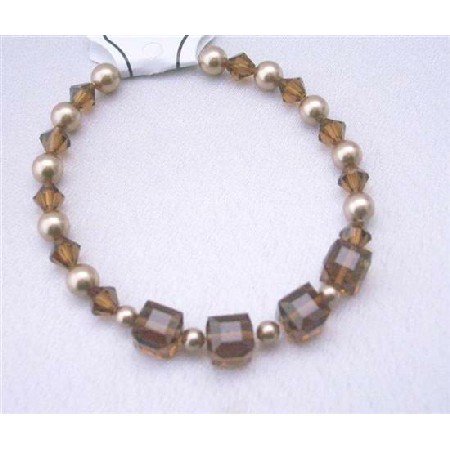 TB396 Wedding Bracelet Bronze Pearls Swarovski Smoked Topaz Crystals