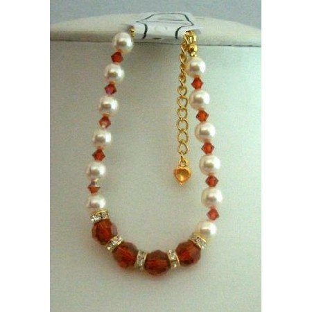 TB271 Burnt Orange Swarovski Crystals Bracelet w/ Swarovski Cream Pearls & Gold Rondells