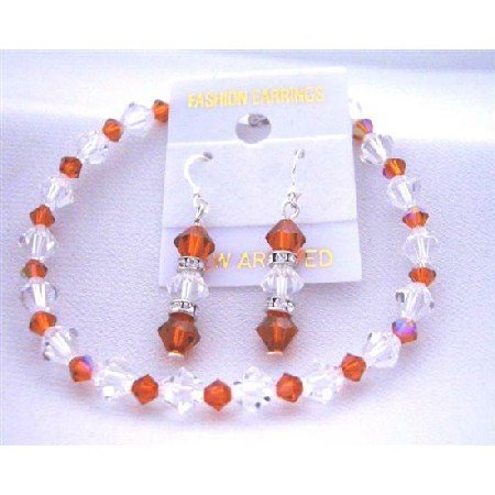 TB410 Bridemaides Bracelet & Earrings Set w/ Genuine Swarovski Burnt Orange & Clear Crystals