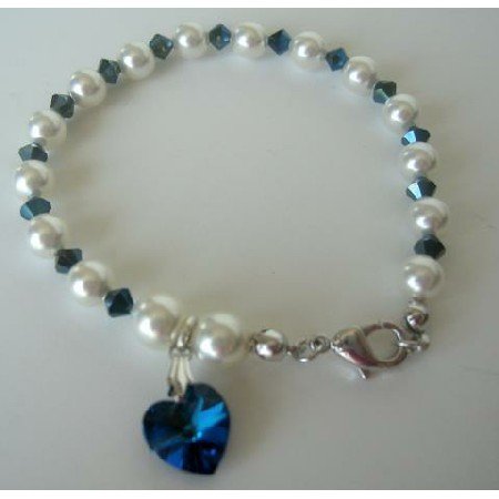 TB276 Swarovski Metallic Sapphire Crystals Heart Bracelet Genuine Swarovski White Pearls Crystals