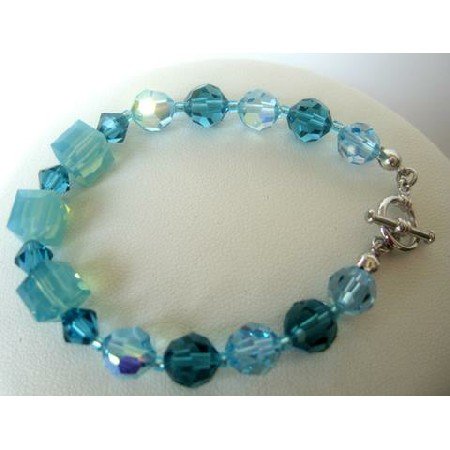 TB278 Aquamarine & Indicolite Crystals Bracelet Swarovski Crystals Bracelets Handcrafted