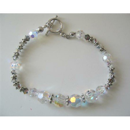 TB358 AB Swarovski Crystals Bracelet w/ Volcano & Bali Silver Beads Toggle Clasp Bracelet