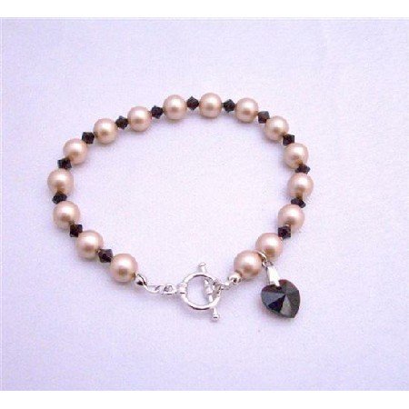 TB620 Champagne Pearls Swarovski Garnet Crystals w/ Siam Red Heart Dangling Bracelet