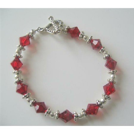 TB369 Sterling Silver Siam Red Swarovski Crystals Bracelet w/ Silver Beads & Daisy Spacer